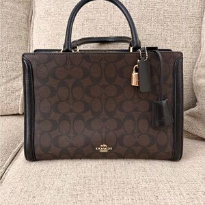 Coach Brown Signature Canvas Satchel with Black Trim and Gold Hardware